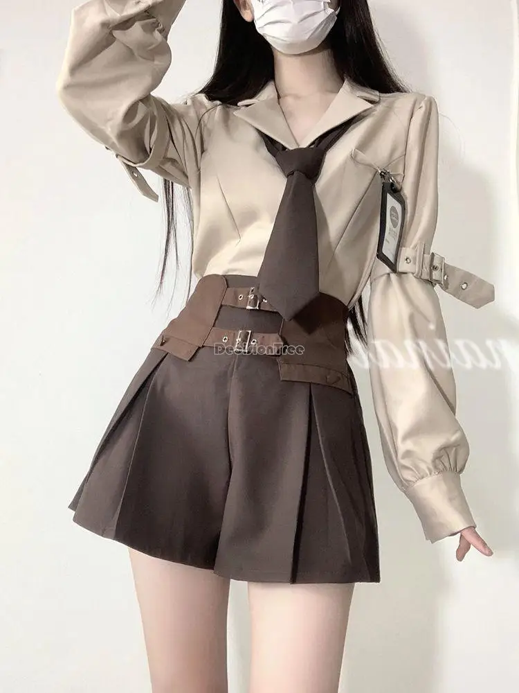 2023 new fashion retro style jk suit uniform set donna vintage camicia a maniche lunghe pantaloncini a vita alta due pezzi daily jk set s797