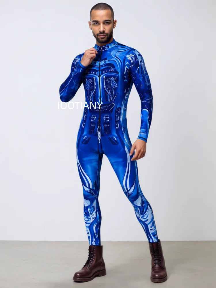 Herren Roboter-Skelett Mechanische Rüstung Bodysuit Hochhals Enger Jumpsuit Halloween Cosplay Futuristisches Party Bühnenkostüm Outfit – Detail 9
