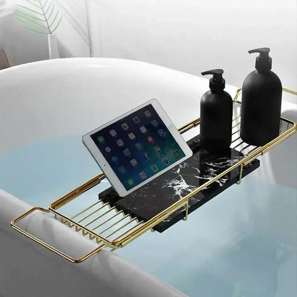 Marble Brass Bathtub Caddy Tray Expandable Bath Tube Rack Organizer for Luxury Comfort Spa