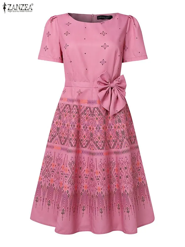 ZANZEA-vestidos elegantes hasta la rodilla con estampado Ikat para mujer, vestidos bohemios con clase, cuello redondo, manga corta, cintura ajustada, detalle de lazo, vestido acampanado 3XL