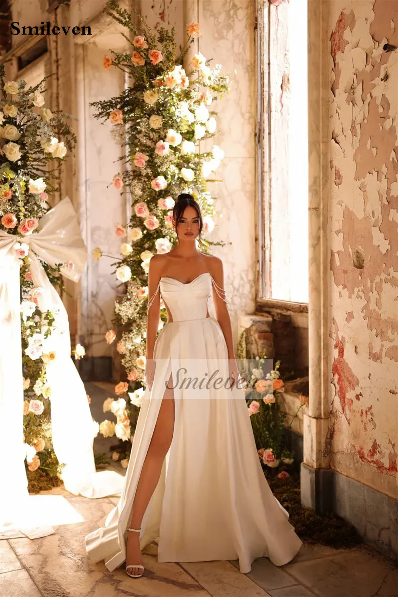 Smileven Strapless Wedding Dresses A Line Crystal Strap Satin Bridal Gowns Sexy Side Split vestidos de novia 2024 Customized