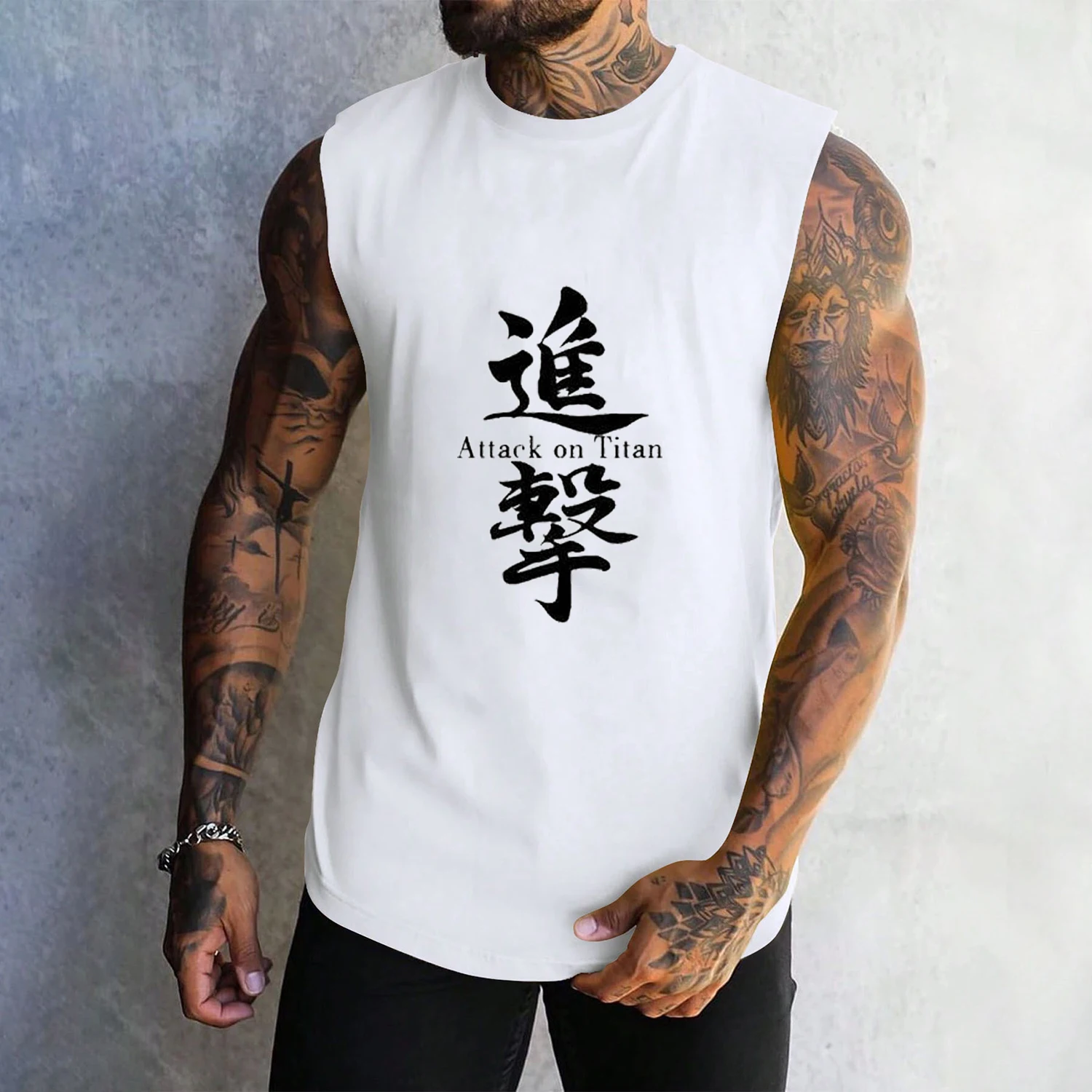 Japanese Anime Attack on Titan Graphic Print Harajuku Mne\'s Sleeveless T-Shirt Casual Fashion Plus Size Tank Tops for Men