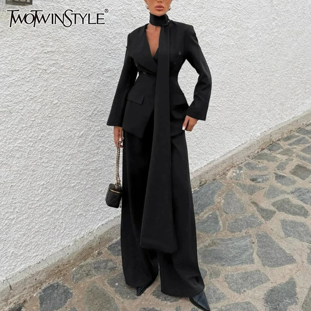 

TWOTWINSTYLE Black Spliced Folds Two Piece Set Female Lapel Long Sleeve Top Elegant Temperament Women's Pants Sets Fashion New