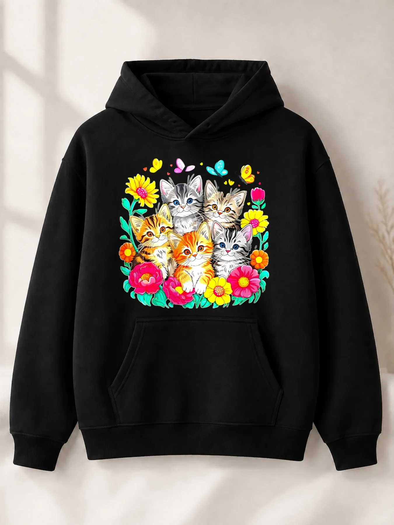 Cute Cartoon-Style Men's Hoodie Featuring Adorable Cats with Colorful Flowers and Butterflies, a Perfect Spring Gift for Cat Lovers and Animal Enthusiasts