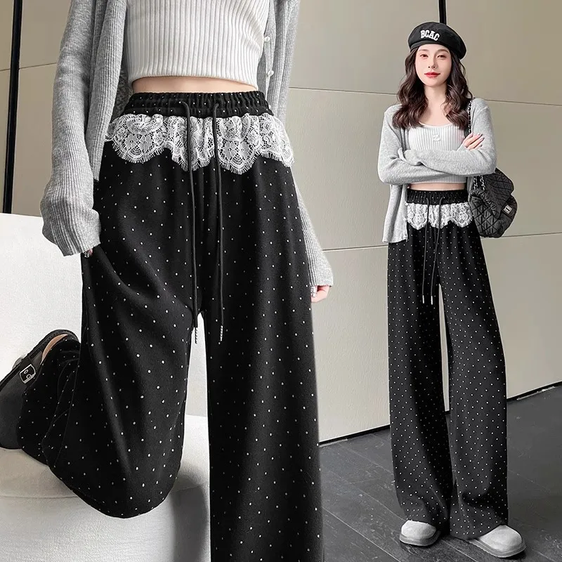 Casual Thin Fashion Loose Polka Dot Drawstring Lace Flower Basic Straight Pant Y2k Women Loose Daily Holiday Pants Trousers