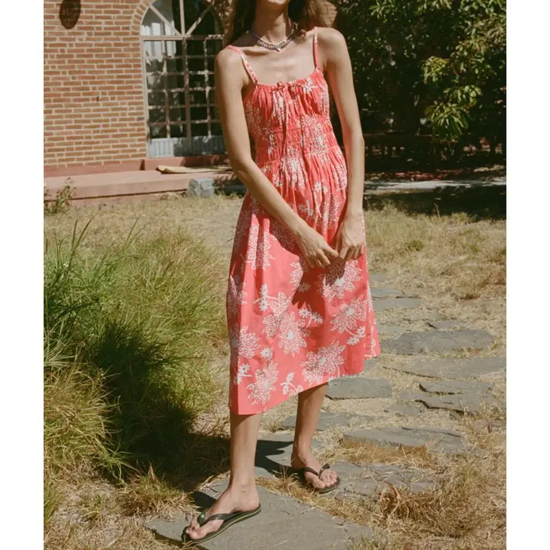 ผู้หญิงฤดูร้อน Boho Beachwear สีทึบ/ดอกไม้พิมพ์สปาเก็ตตี้สายคล้องคอ LACE-up A-Line MIDI Cami SLIP DRESS