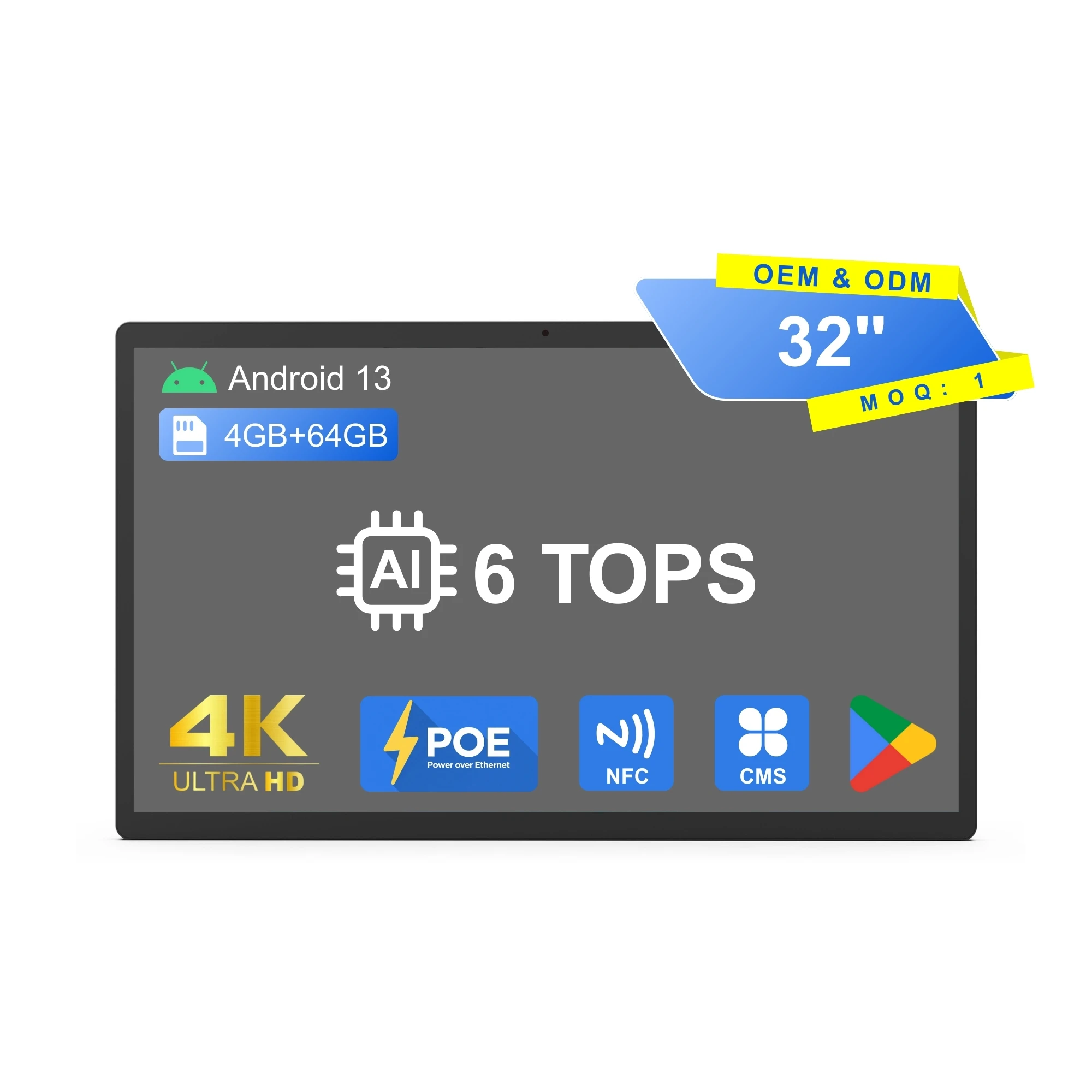 

32inch 4k Ultra Wall Interactive Display Touch Screen Digital Signage Android 13 6 TOPS AI Optional POE NFC For Business