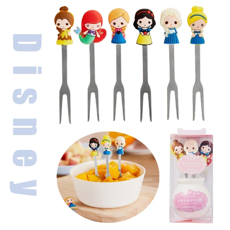 6pcs Disney Snow White Fruit Fork Cartoon Anime Dessert Cake Fork Stainless Steel Silicone Creative Cute Princess Ornament Gift