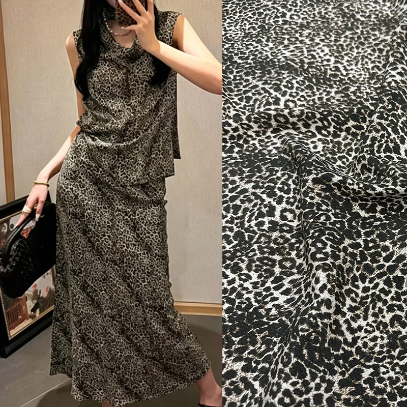 Black Leopard Printed Stretch Silk Crepe de Chine Fabric for DIY Sewing Summer Comfortable Dress Pajamas Silk Fabric FR7070