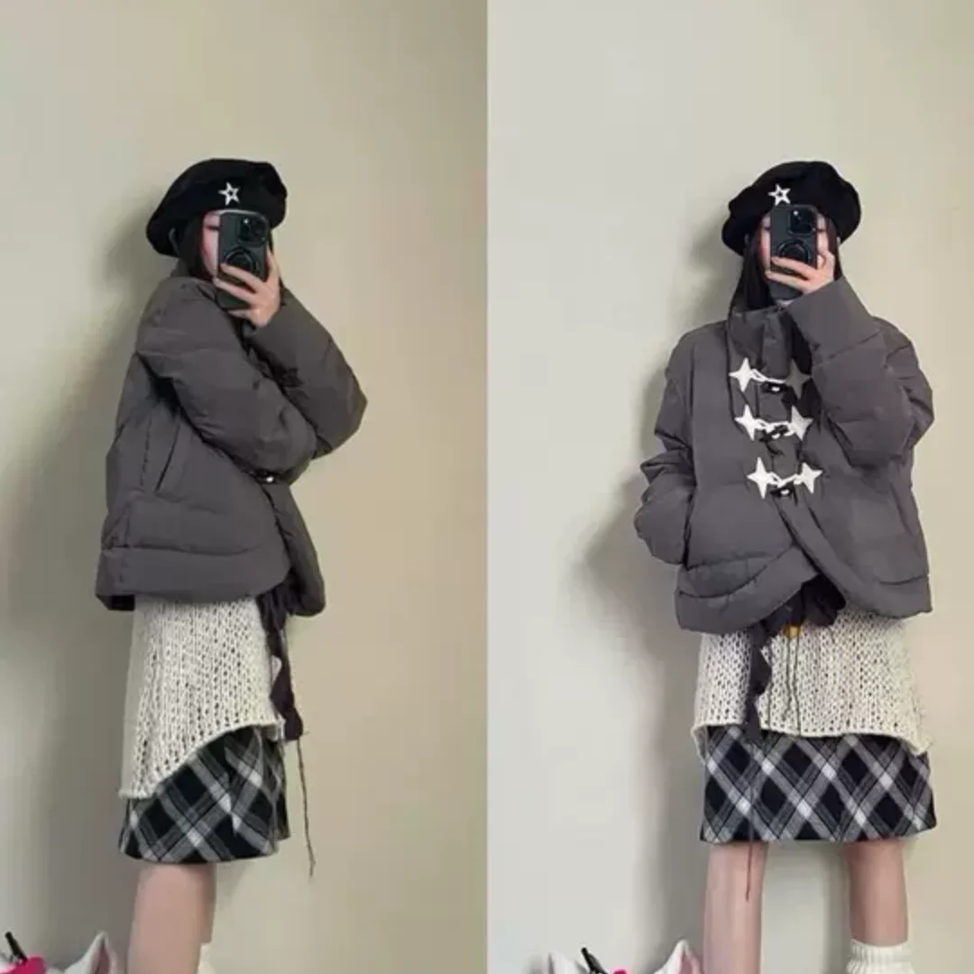 

Winter new cotton clothing for women, niche design, star shaped horn buckle, thick and warm cotton jacket, trendy