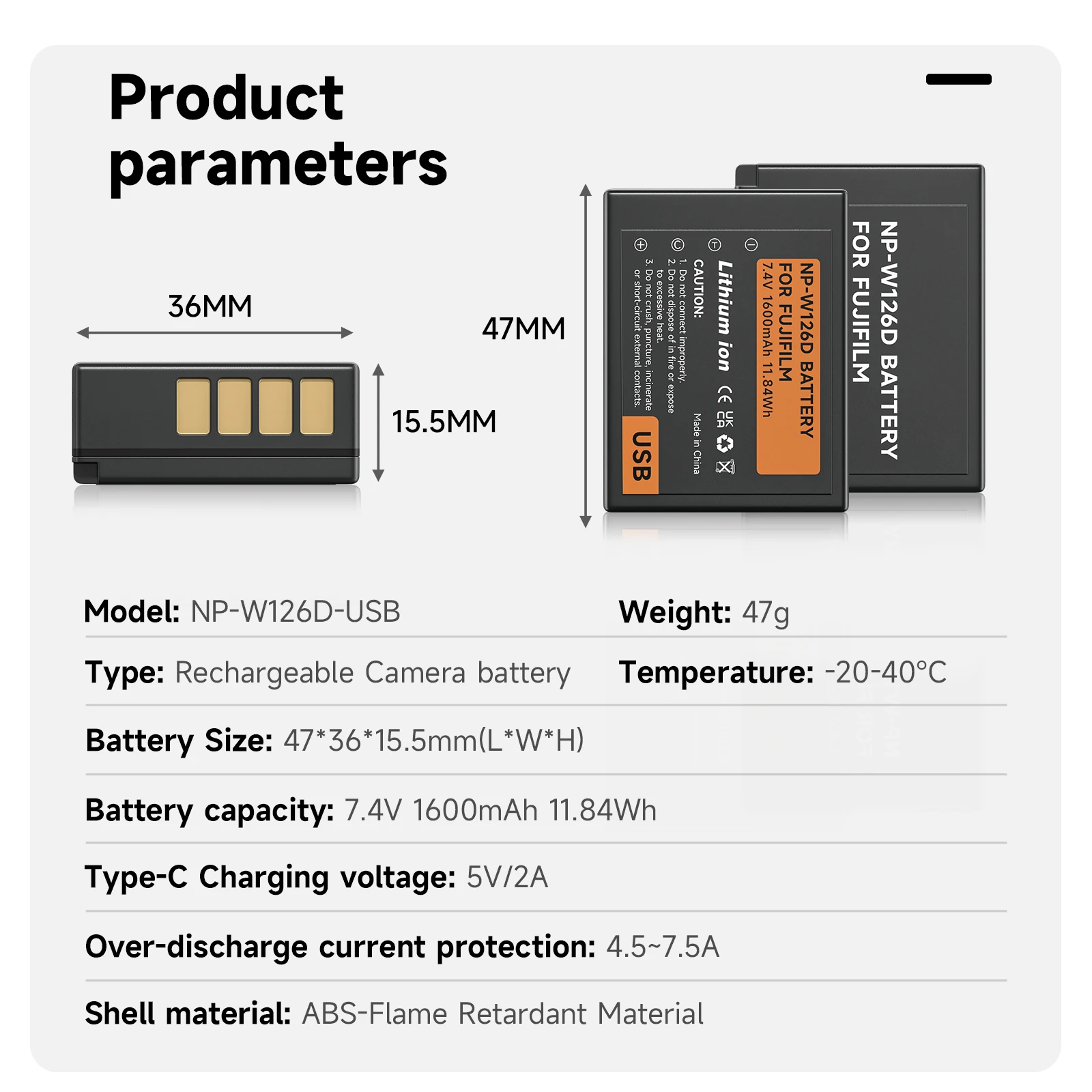 PALO Bateria USB NP-W126S NP-W126 para Fujifilm Fuji X100F X-PRO1 X-PRO2 X-A1 X-A2 X-A3 X-A10 X-E1 X-E2 X-E2S X-E3 X-M1 X-T1/T2/T10