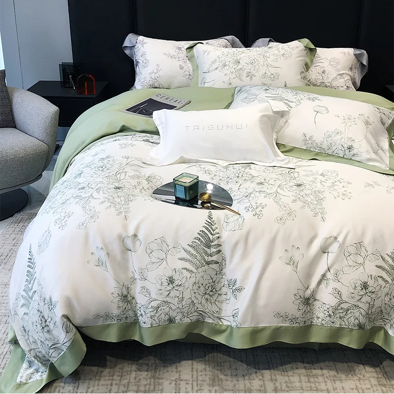 Fresh rural style Lanjing Tencel four piece set 100S ice silk summer printed duvet cover bed single thread sliding bedding