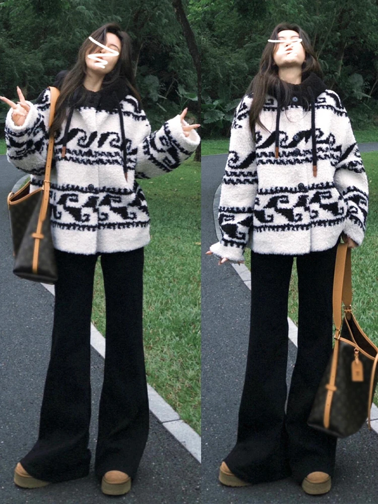 Giacca in pelliccia di agnello intrecciata da donna retrò americana con cappuccio in cotone sandwich capispalla inizio autunno cappotto coreano Sle ort