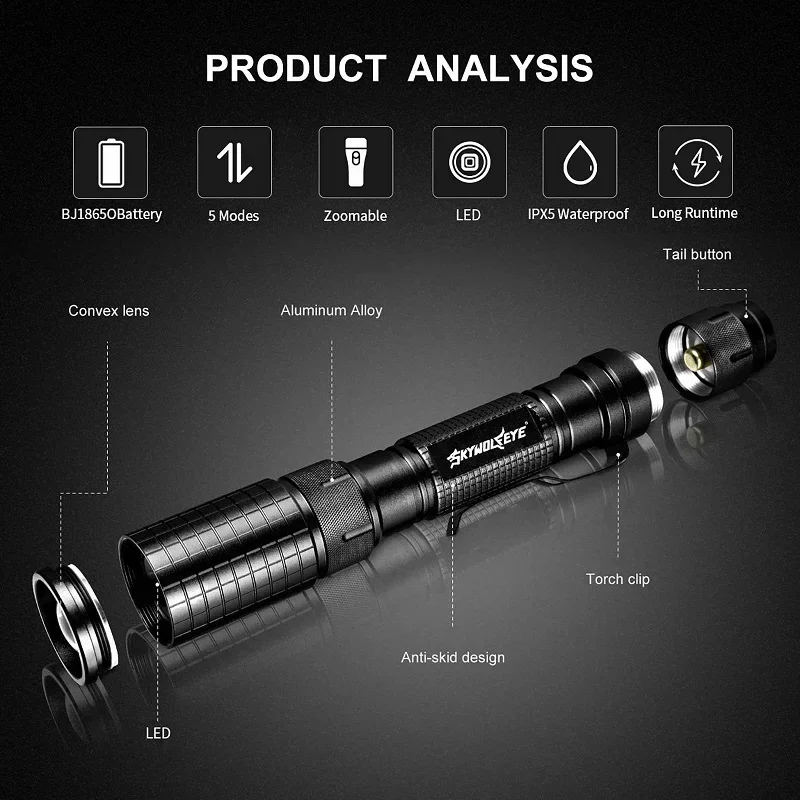 Skywolfeye Zoomable SUper Bright LED Flashlight 5 Working Mode Portable Bright Torch for Camping Hiking Home Emergency