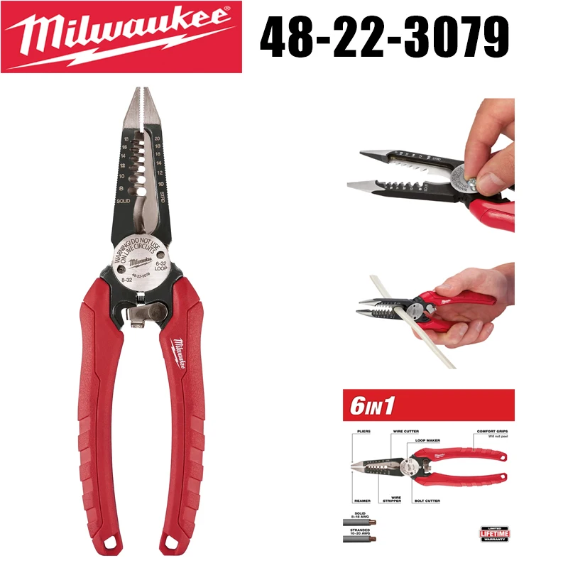 Milwaukee 48-22-3079 6-in-1 Combination Electrician Pliers Wire Stripper Cutter Reamer with Comfort Grip