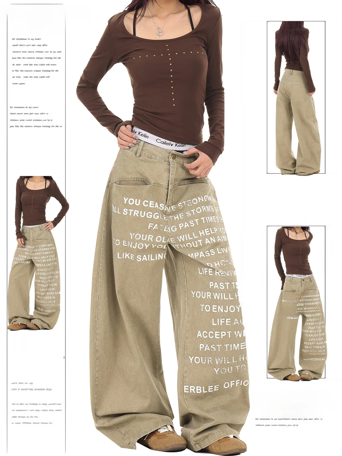 

Retro High Waist Wide Leg Jeans Women's Khaki Color Letter Print Design Loose Fit Bootcut Denim Pants Autumn Faion