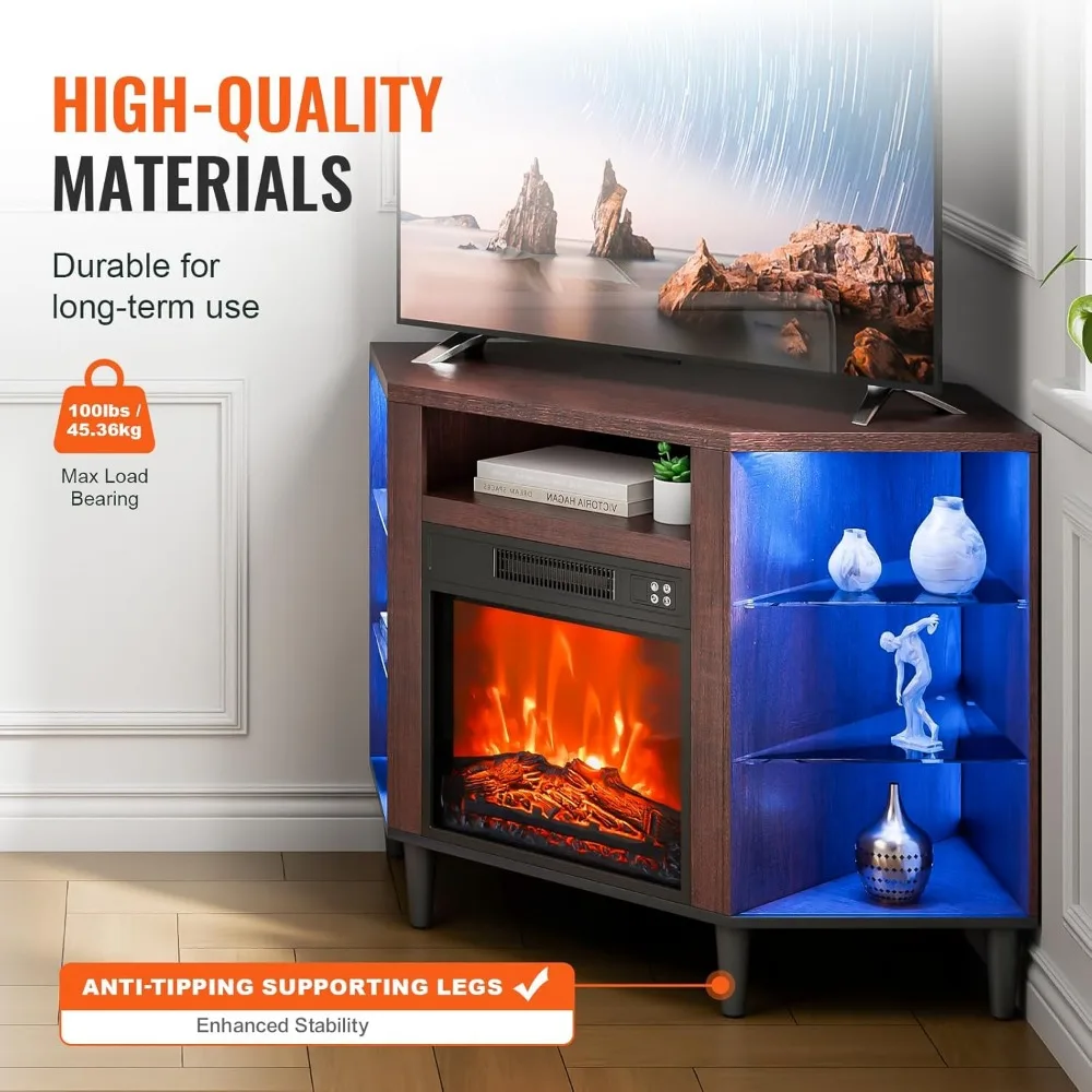 ヴィンテージデザインのコーナー電気暖炉テレビ台、50インチテレビ対応、暖炉18個、LEDライト20個、リモコンとタイマー付き、リビングに最適