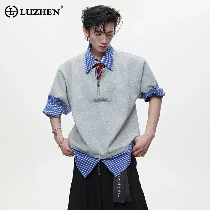 

Мужская рубашка-поло LUZHEN Design с коротким рукавом, высококачественная, стильная, летняя, оригинальная, с полосатыми вставками, модель JY6039, коллекция 2025