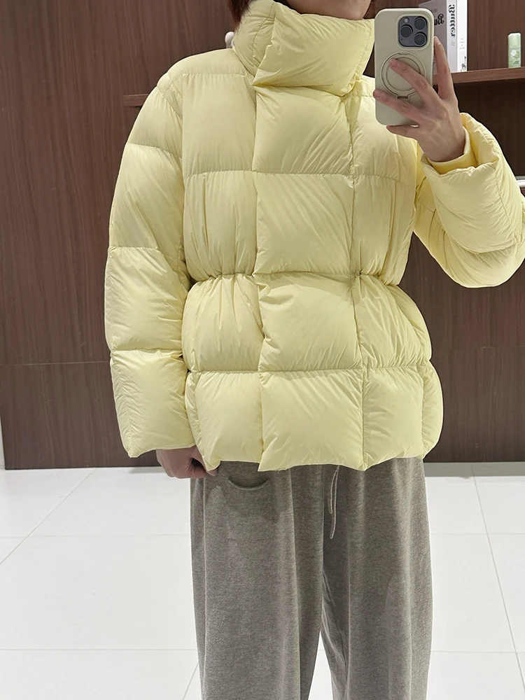 Lady's new winter short-sleeved down jacket with high collar and waist cinching design, loose and thick warm down coat