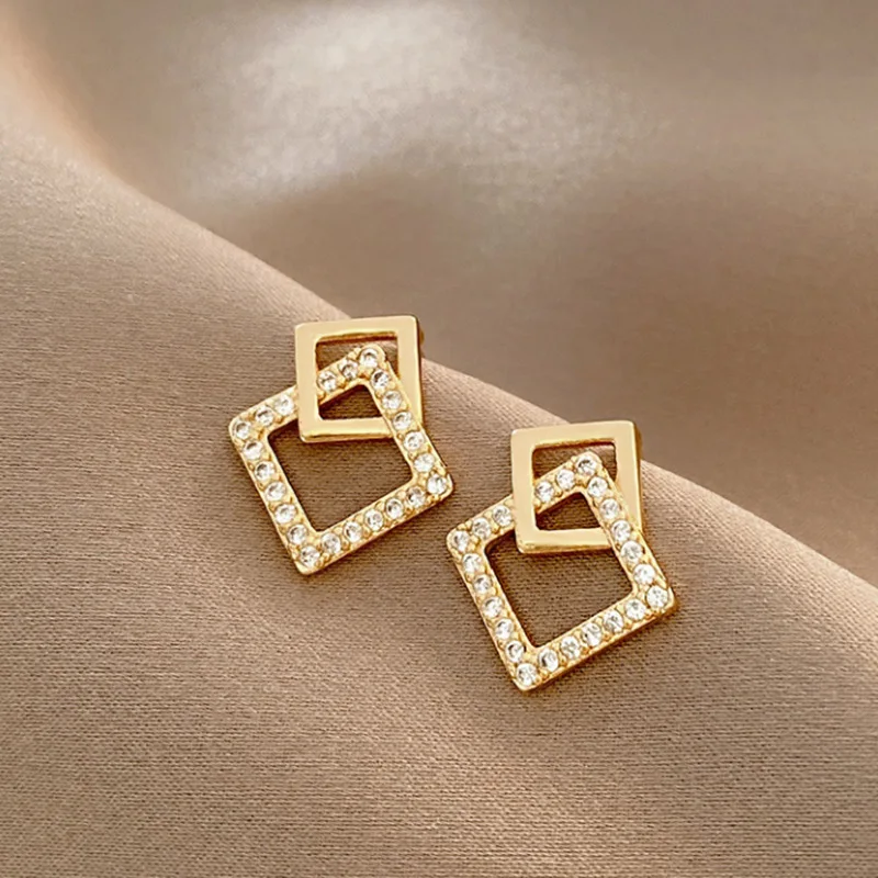 Korean Geometric Double Layers Rhombus Shape Earrings for Women Gold Color Crystal Temperament Stud Earring Fashion Jewelry Gift
