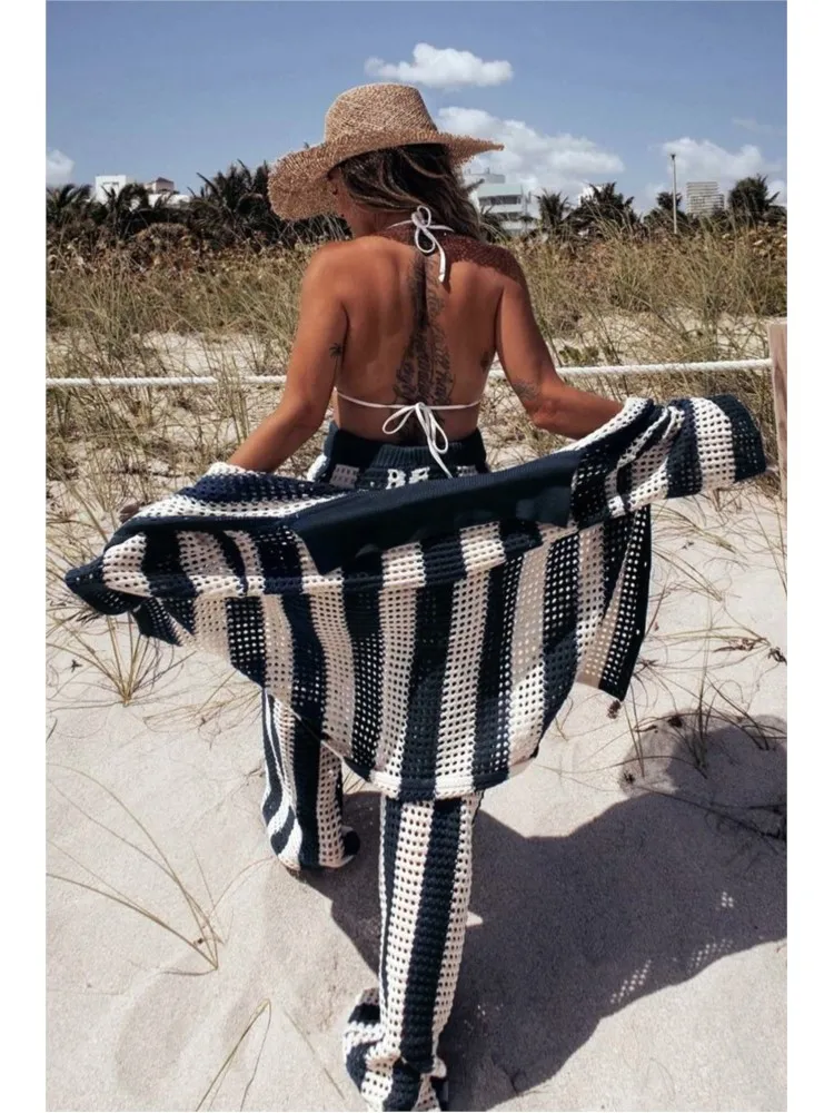 ฤดูร้อนผู้หญิงสบายๆสบายๆกางเกงชุดแฟชั่น V คอลายเสื้อหลวมถักกางเกงขากว้าง 2 ชิ้นชุด