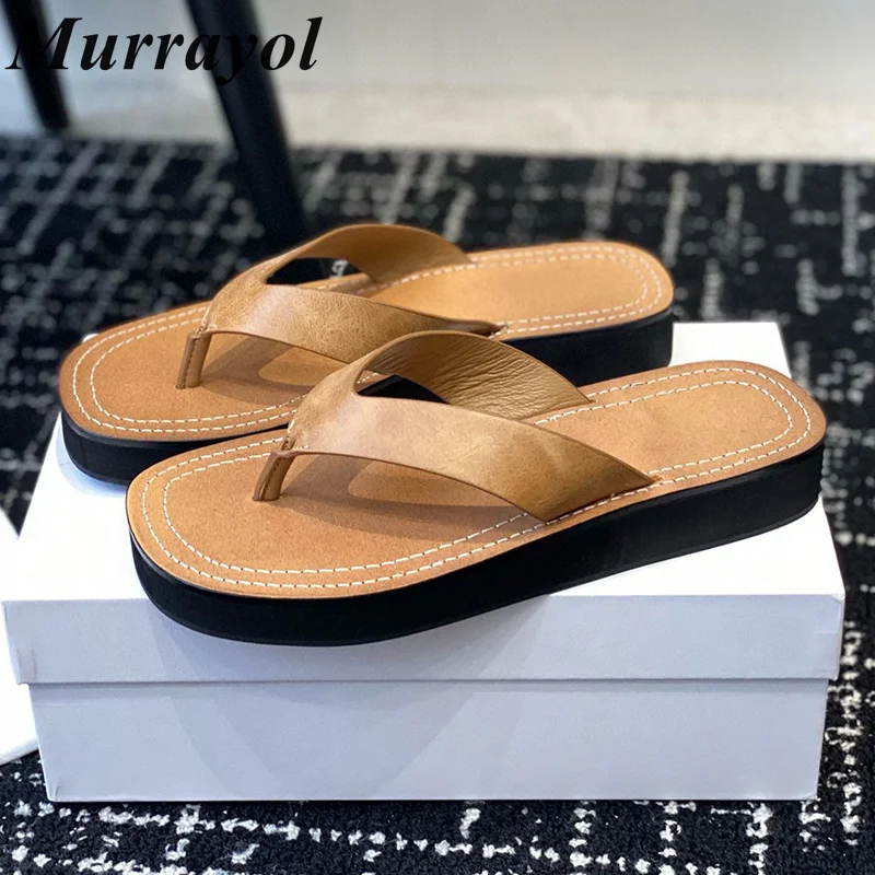 

New Genuine Leather Flip Flops Slippers Women Thick Bottom Versatile Slides Summer Outdoor Vacation Beach Shoes Swimming Shoes