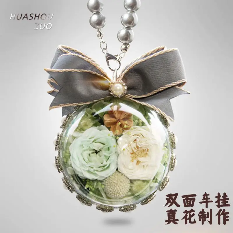 Double-Sided Preserved Fresh Flower Car Hanging Car Rearview Mirror Car Goddess Style Crystal Ball Car Pendant Bagbag