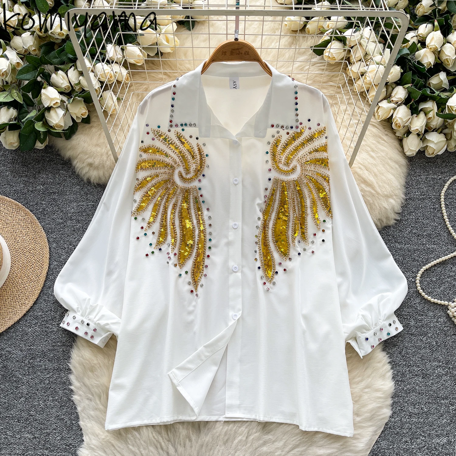 

Sequin Diamonds 2025 Shirts & Blouses Lantern Sleeve Ropa De Mujer Loose Blusas Camisas Woman Clothing