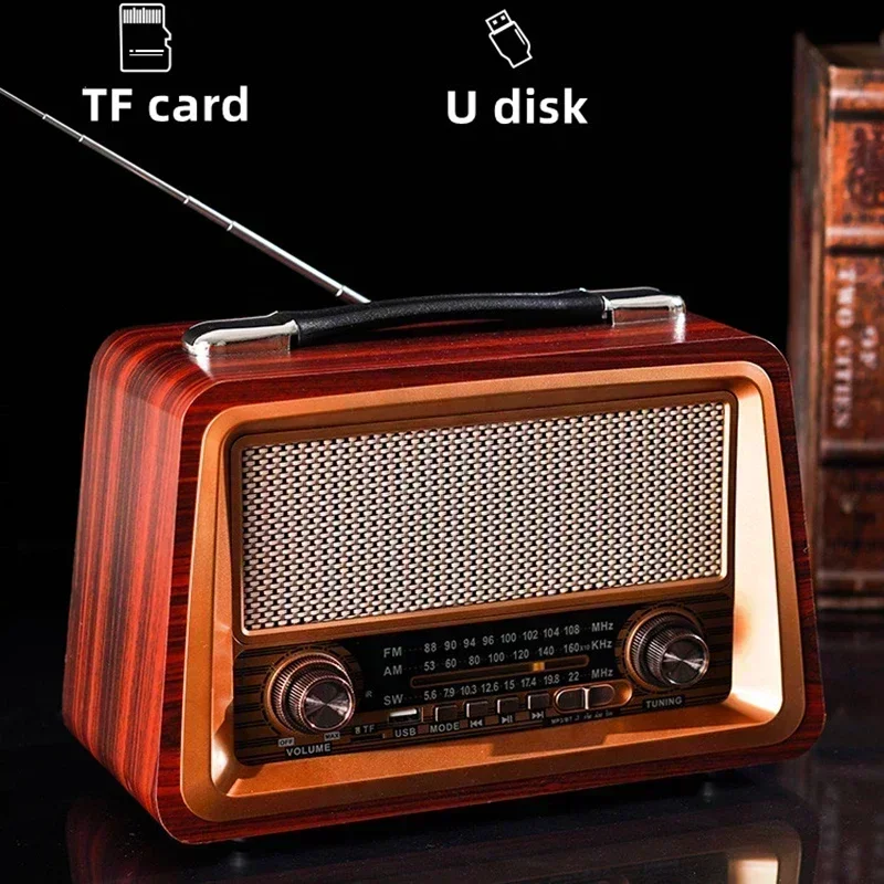 

Portable Speaker Box R-2066BT Retro Multi Band Real Wooden Rechargeable Radio with Wireles Bluetooth Link USB Mp3 Player Outdoor