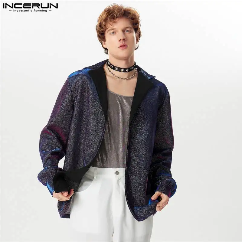 

INCERUN Tops 2024 American Style New Men Glitter Fabric Patchwork Shirts Fashion Party Shows Hot Sale Long Sleeved Blouse S-5XL