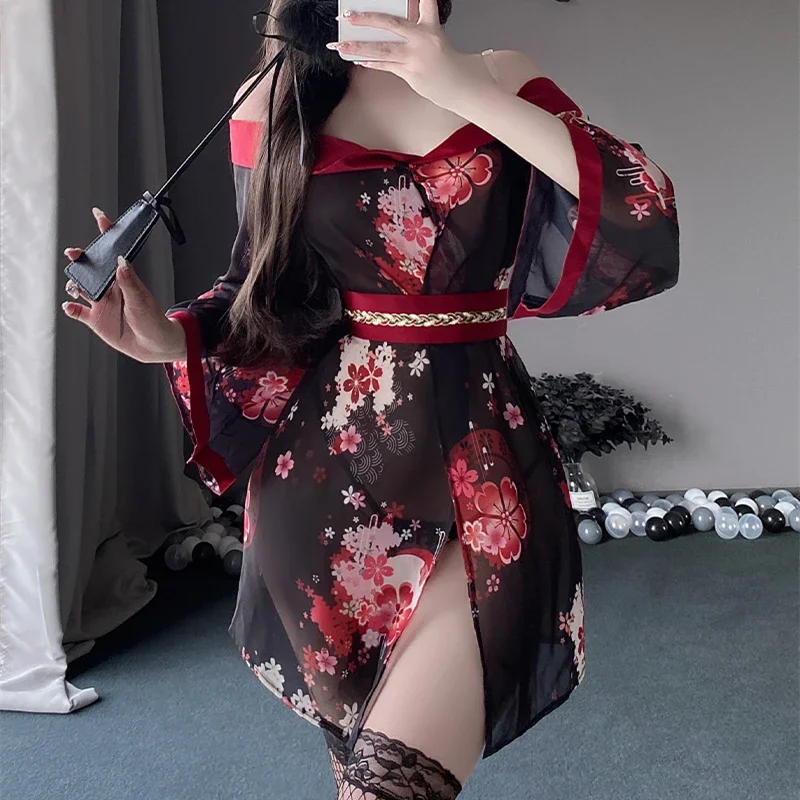

Sexy Japanese Flower Printing Kimono Dress Traditional Women Pajamas Erotic Lingerie Bathrobe Nightgowns Perspective Sleepwear