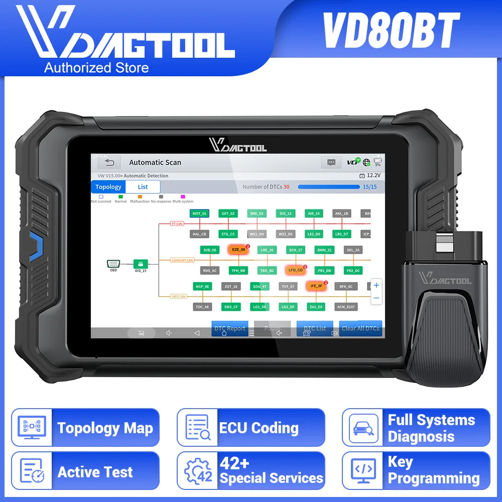 

VDIAGTOOL VD80BT Automotive Diagnostic Tools Bi-Directional Control Key Programmer Topology Map ECU Coding 42+ Service DOIP FCA