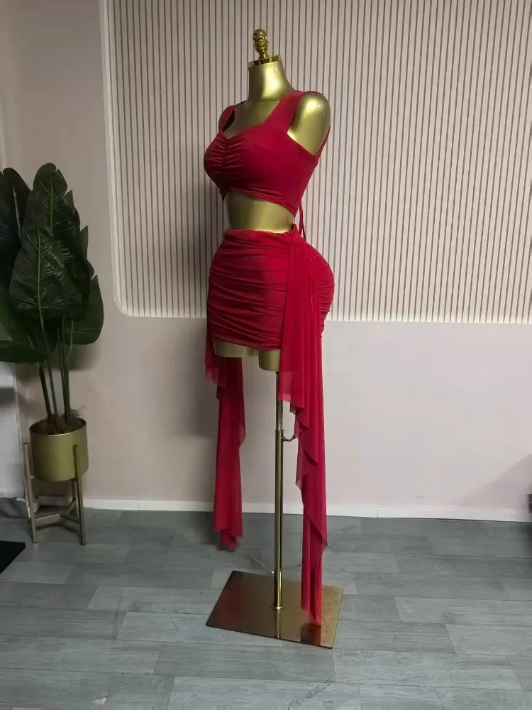 Robe sexy mode froncée femmes robe ensemble culture sangle hauts et ruban moulante mini jupes costume vacances deux 2 pièces ensemble tenue