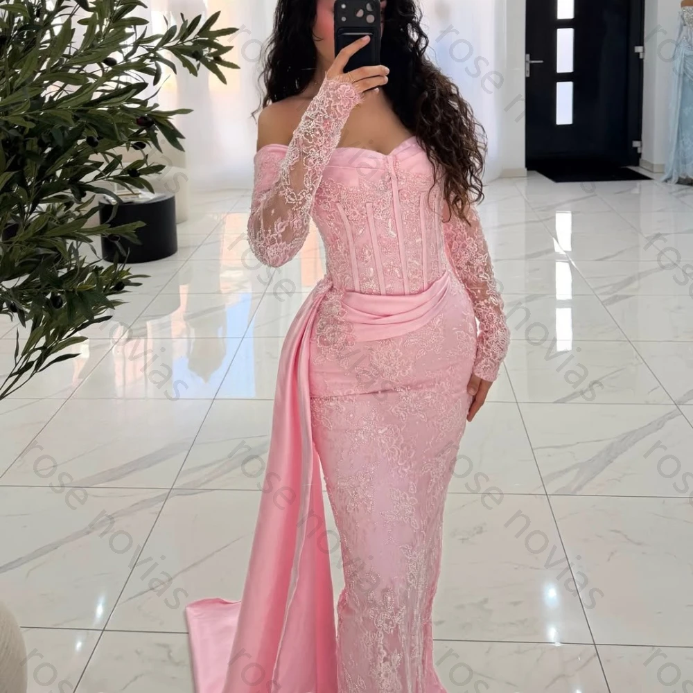 Maßgeschneidertes Abendkleid in Zartrosa Spitze für Damen 2026 – Elegantes schulterfreies Korsett-Meerjungfrauen-Maxikleid mit luxuriöser Schleife