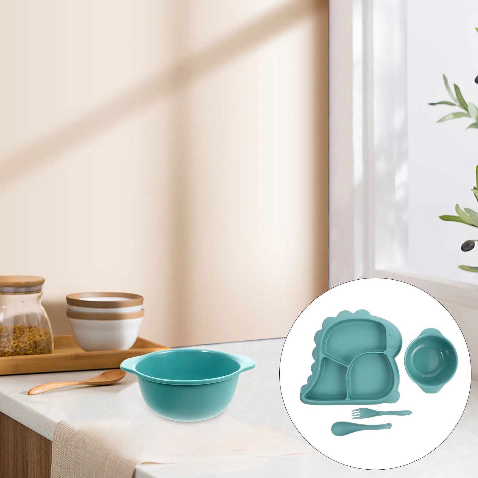 مجموعة واحدة من أطباق الأطفال والوعاء بتصميم مقسم على شكل ديناصور لطيف للأطفال الصغار أدوات مائدة آمنة غير قابلة للانزلاق #6