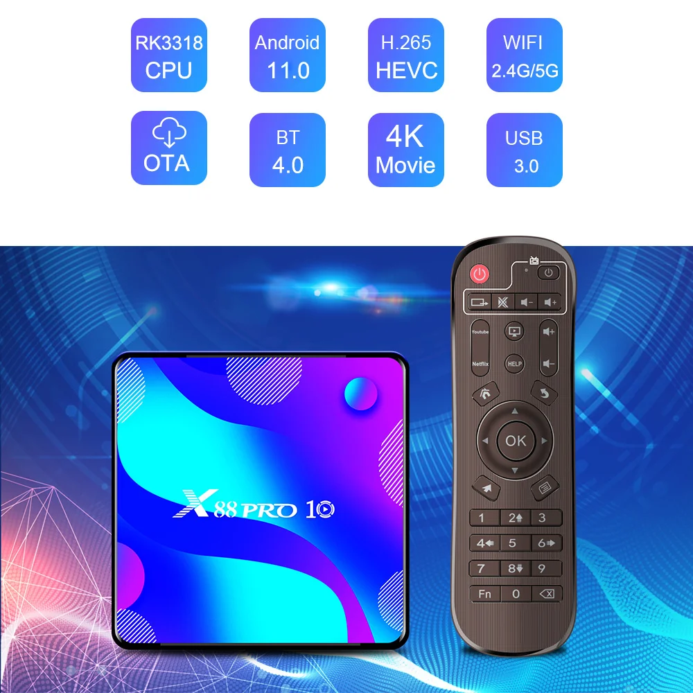 Smart TV Box Android 11 X88 Pro 10 RK3318 Media Player 4GB RAM 128GB ROM 2.4G&5.8G Dual Wifi BT4.0 3D Youtube 4K Set Top Box