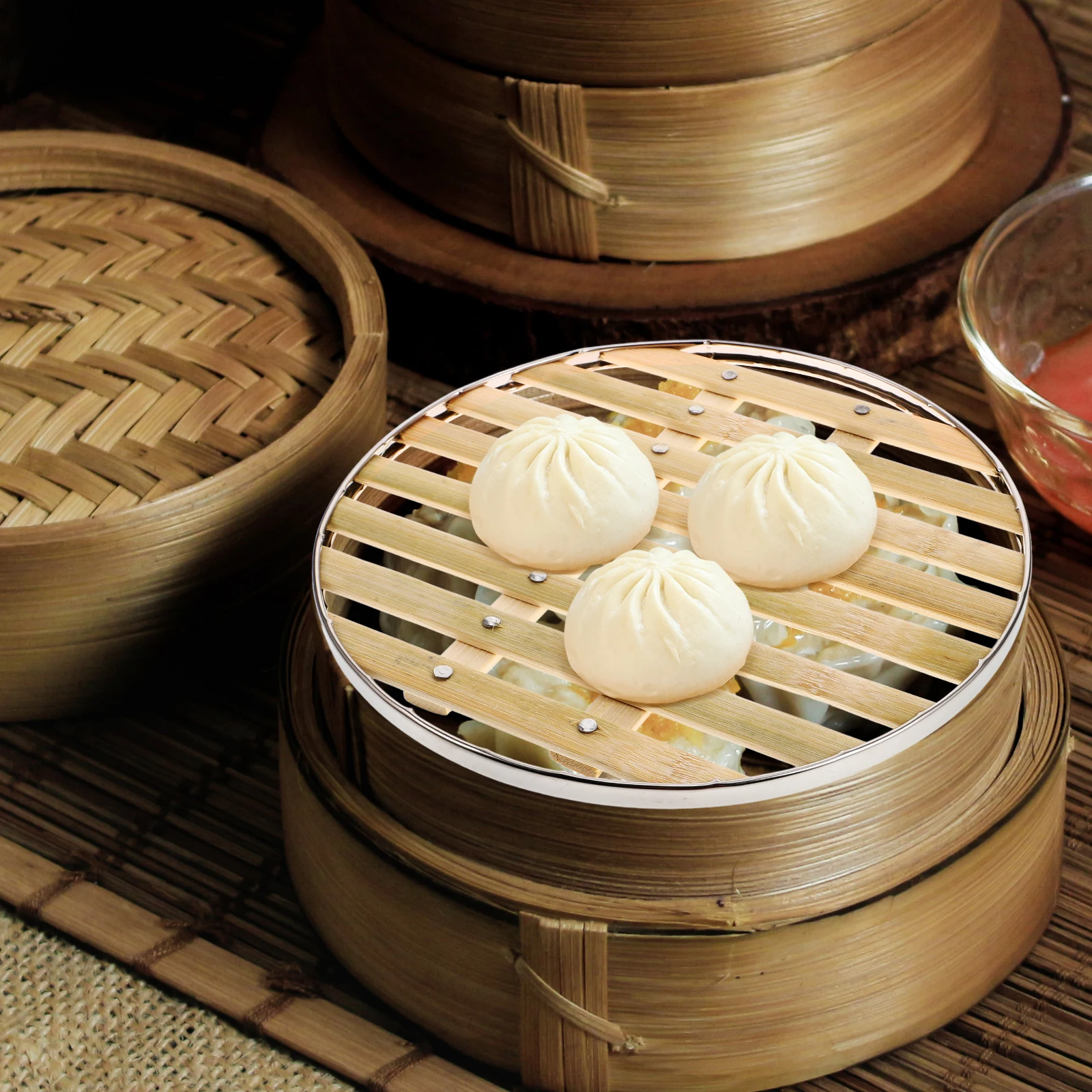 

Bamboo Steamer Inserts 25cm Stainless Steel Edging Reinforced Steel Ring Large Capacity Versatile Cooking Tool for Canning