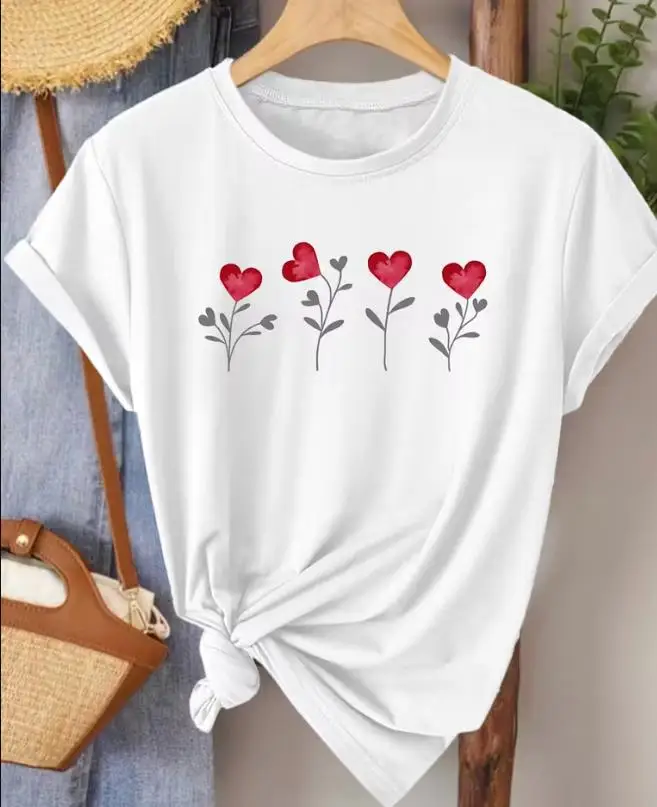 Cute Heart Flower Graphic T Shirt Women Coquette Aesthetic Floral Printed Tee Casual Short Sleeve Crewneck Top Summer Cottagecore Clothes