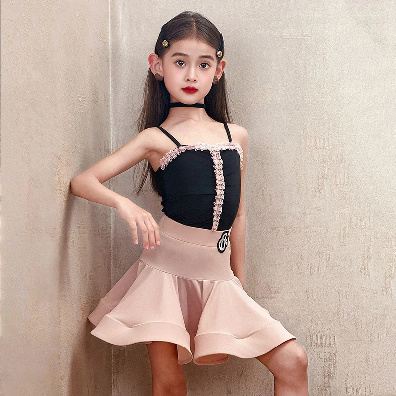 

Children Sleeveless Halter Professional Latin Dance Wear Kid Girls Bodysuit Skirt Suit Ballroom Dancing Cha Cha Costumes XH2963