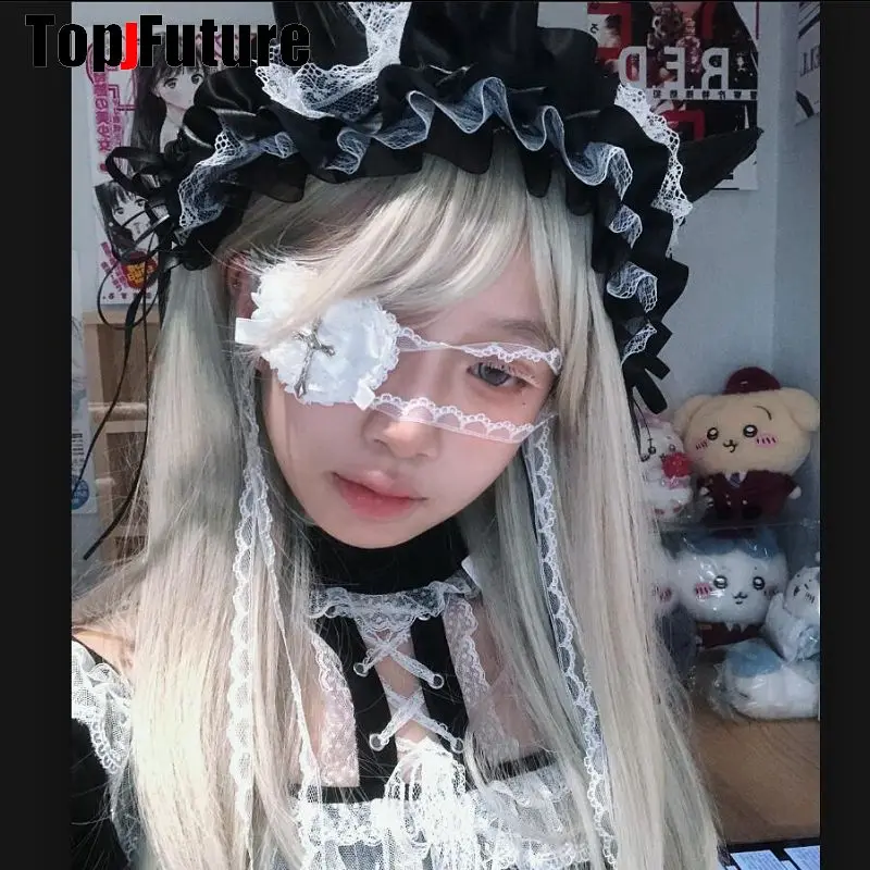 Y2K Girl Women Harajuku Dark Gothic Lace Comic Exhibition Cosplay Love Cross Eye Mask Gothic Lolita Cross Lace Punk Eyepatch