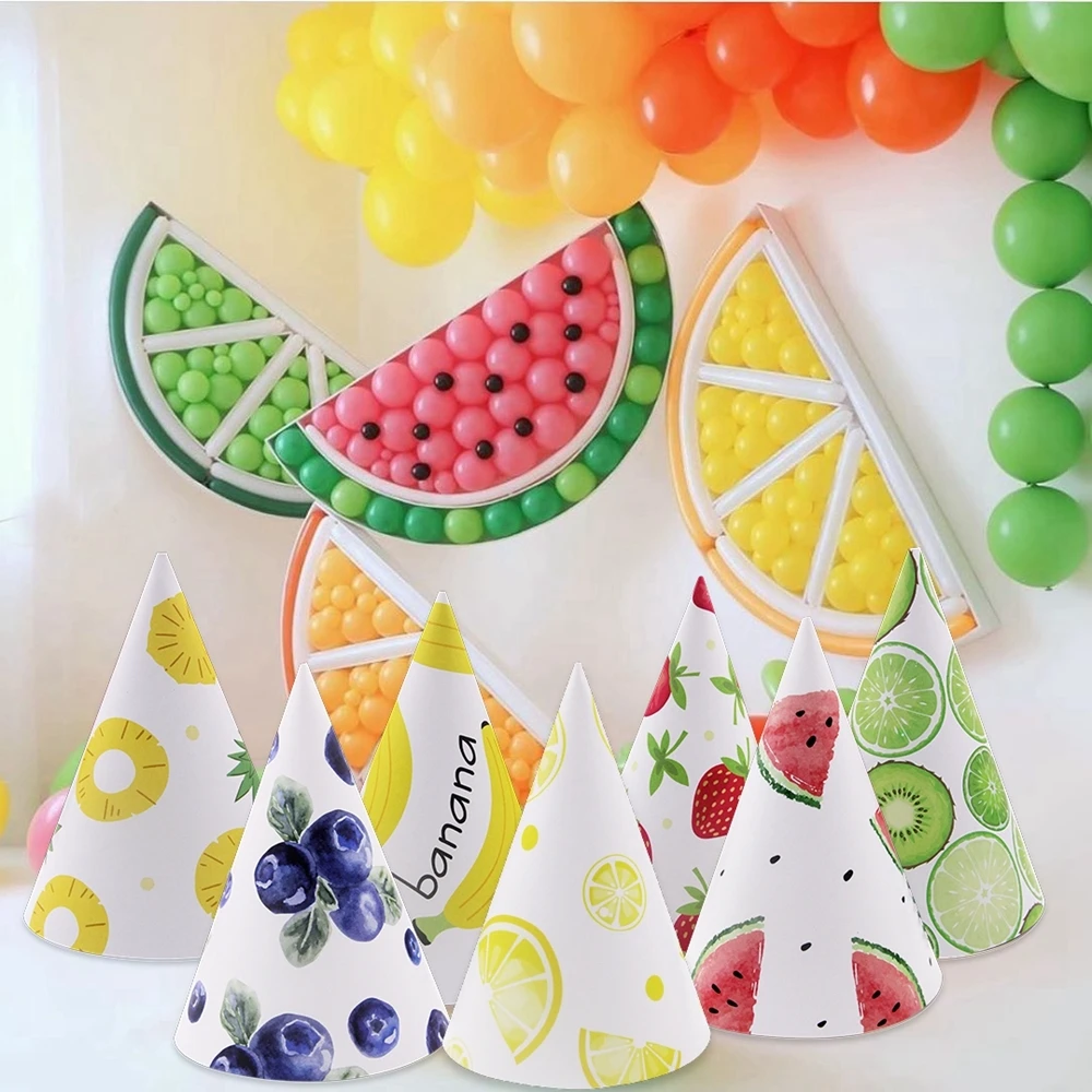 8pcs Paper Fruits Hat Strawberry Pineapple Watermelon Hats For Kids Summer Pool Fruits Happy Birthday Party Decoration Supply