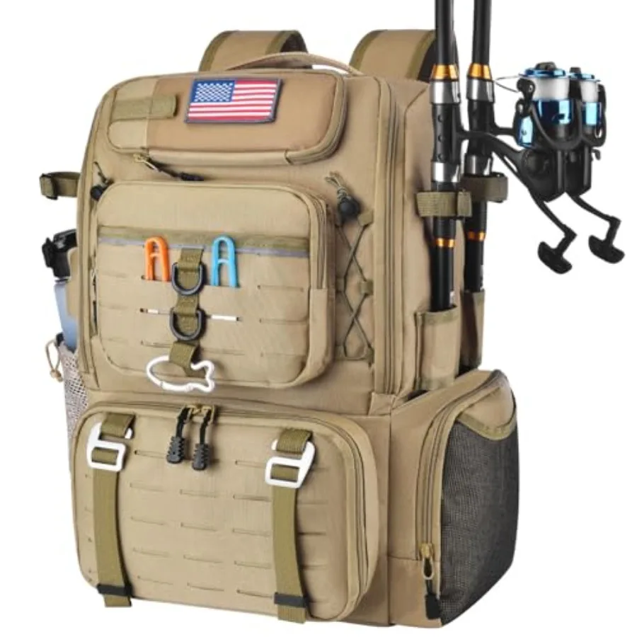 

Integrated Cooler Fishing Tackle Backpack with 4 Rod Holder, 29L Multi-Compartment Storage with Rain Cover