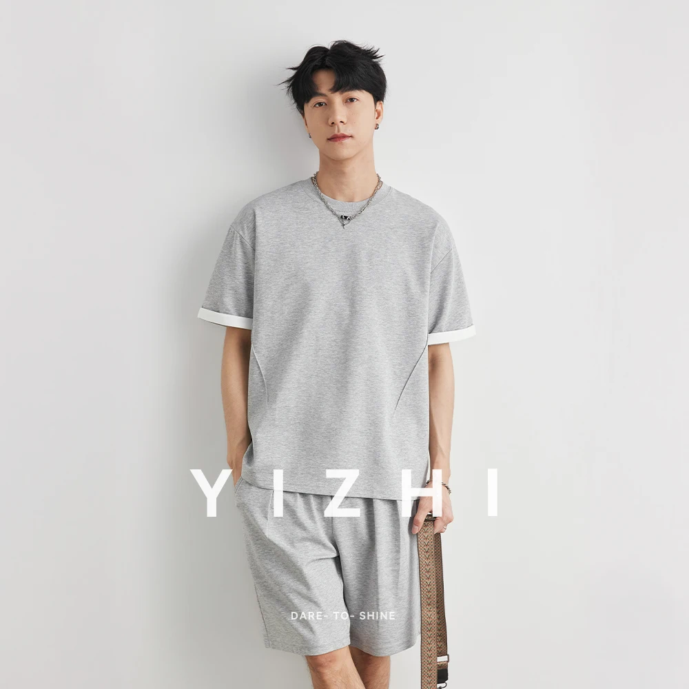 

Men's Heavyweight 220g Contrast Color Rolled Edge T-Shirt Set Summer Loose Minimalist Commute Short Sleeve Shorts 2ps Tracksuit