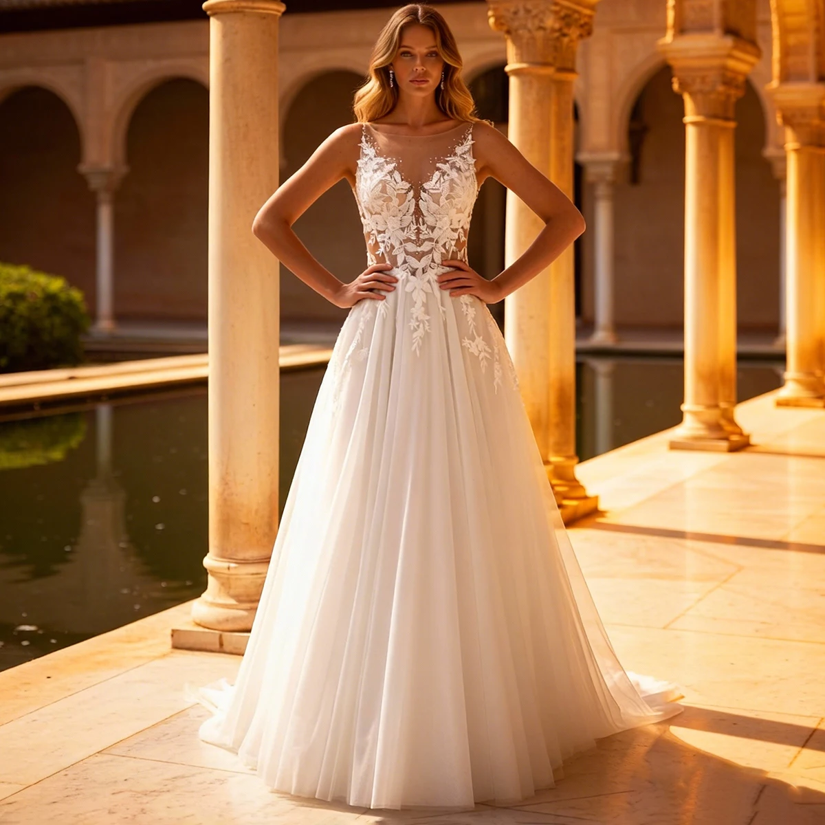 

Elegant Tulle Appliques Wedding Dress For Bride Long Lace Bridal Party Gown For Women Lace A Line Ball Gown