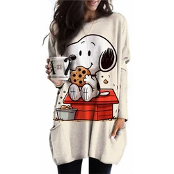 Women's autumn round neck Snoopy print slim fit long sleeved pocket casual T-shirt women's street fashion outfit 2024 trend