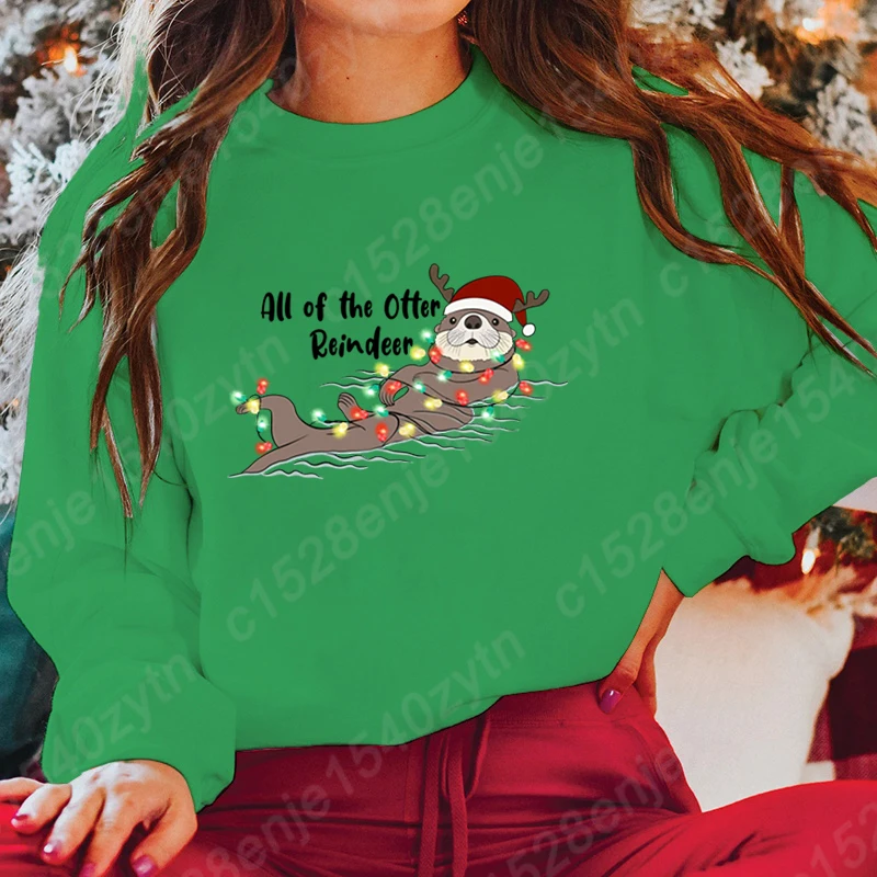 Hoodless Sweatshirt Christmas Light Otter All Of The Otter Reindeer Print Round Neck Pullovers Women Casual Pure Color Pullovers