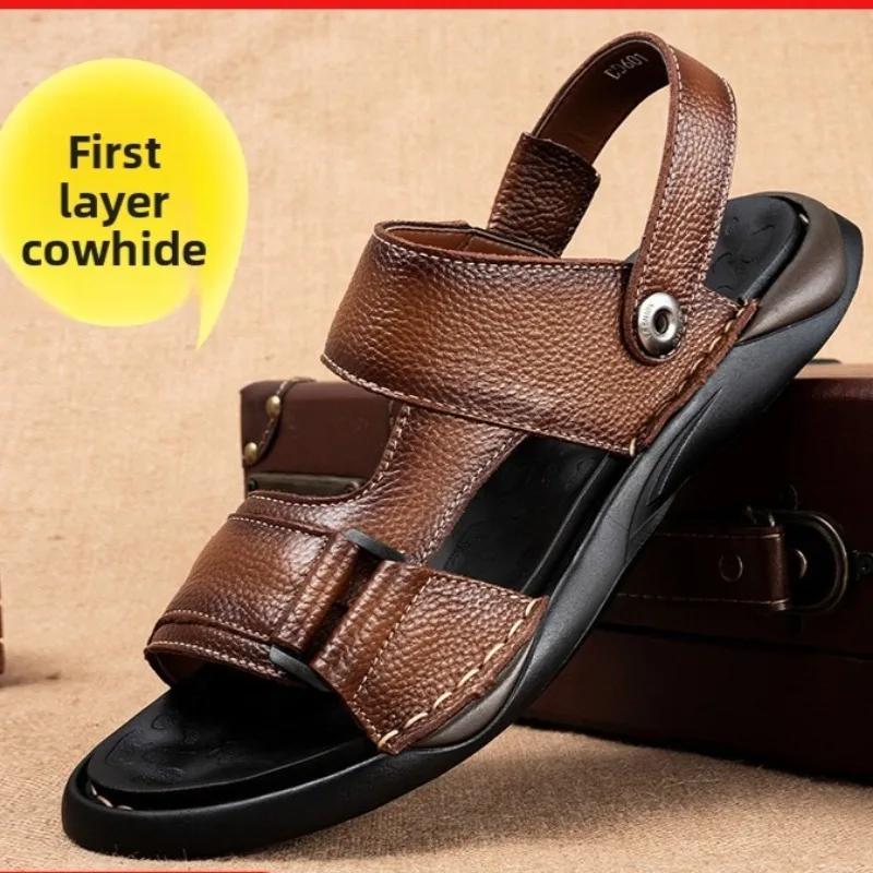 High Quality First Layer Cowhide Men's Sandals Genuine Leather 2026 Summer Casual Cool Slippers Non-slip Soft-soled Beach Shoes