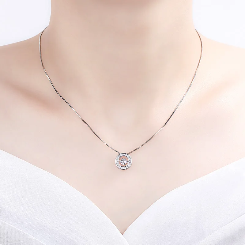 KOFSAC Trendy Dancing Stone Shiny Zircon Simple Round Pendant Lady Jewelry 925 Sterling Silver Necklaces For Women Birthday Gift