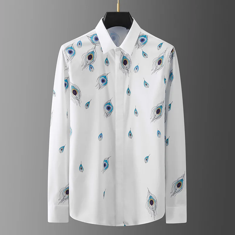 Trendy Spring and Autumn Peacock Feather Printed Long Sleeve Men's Business and Leisure Anti Wrinkle Shirt