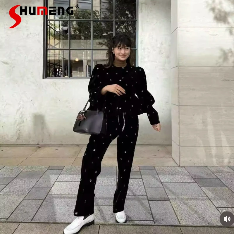 

Japanese Fashion Sweet Velvet Short Jacket Pants Set Autumn New Women's Slim Fit Elegant Coats Elastic Waist Pants Vest Handbag